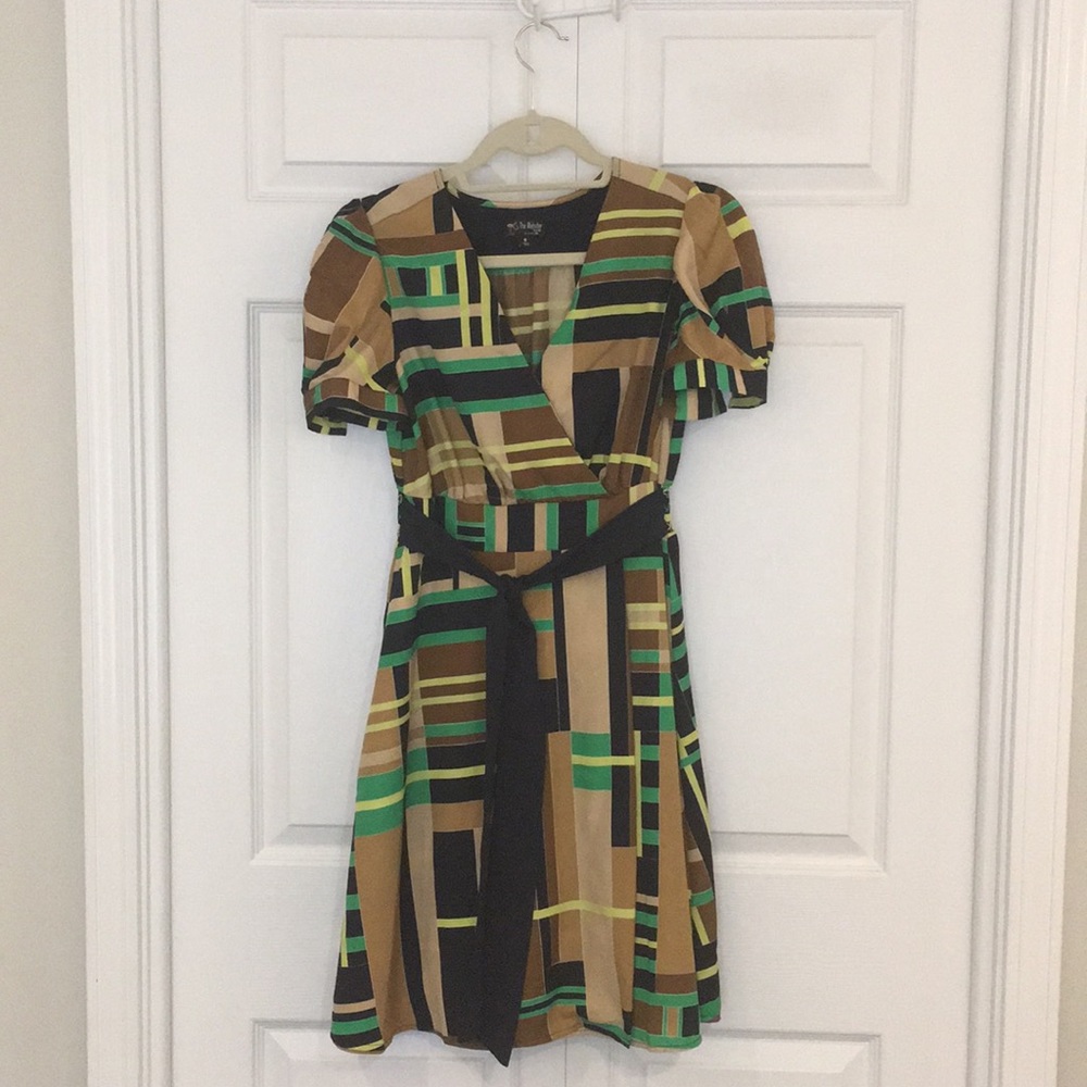 Navy, brown and green geometric dress